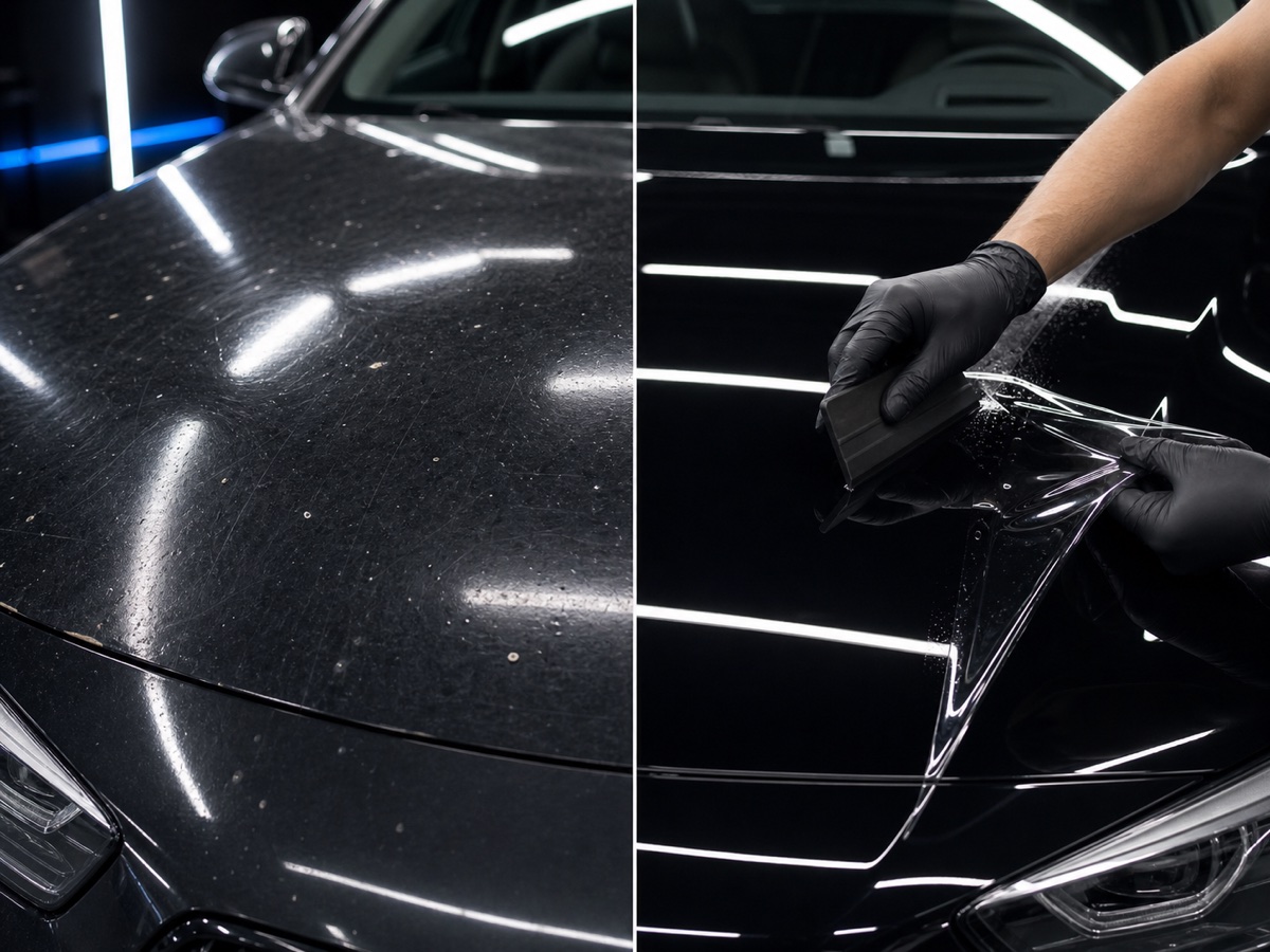Before and after PPF detail showing worn paint and glossy protected finish
