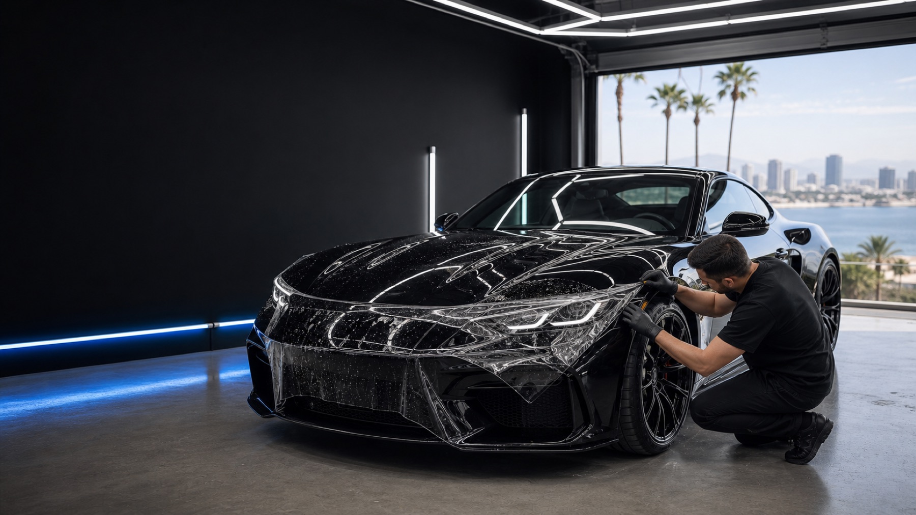 Paint protection film being installed on a black car in a clean studio